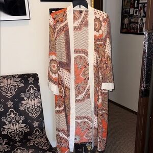 2 Piece Pantsuit Orange and Cream Paisley Cape